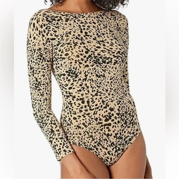 Daily Ritual Tops - Daily Ritual Bodysuit Small Tan Black Animal Print Cotton Modal Elastane Stretch